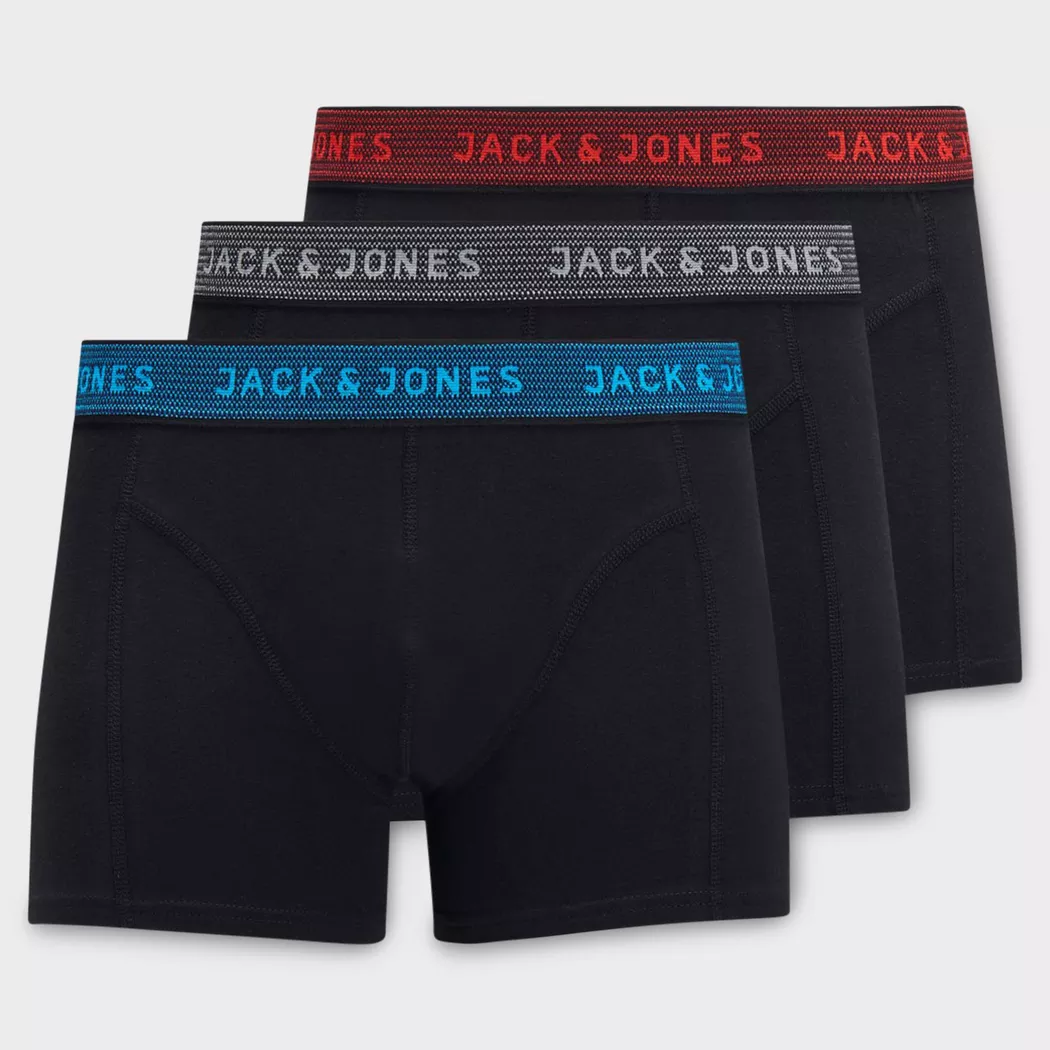 Boxershorts JACK & JONES "JACAZORES im 3er-Pack mit elastischem Bund und bequemem Stoff", Herren, Gr. XXL, 3 Stk., schwarz, Single Jersey, Obermaterial: 95% Baumwolle, 5% Elasthan, bedruckt, unifarben mit Farbeinsatz, Unterhosen, bedruckt, casual Stil, re