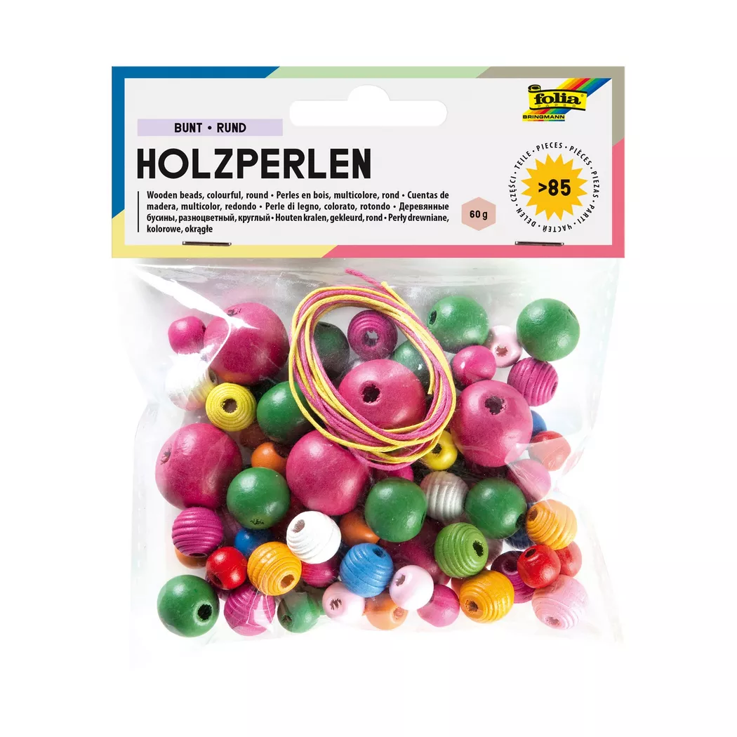 Folia Bastelset Holzperlen - 84 Stück rund sortiert.