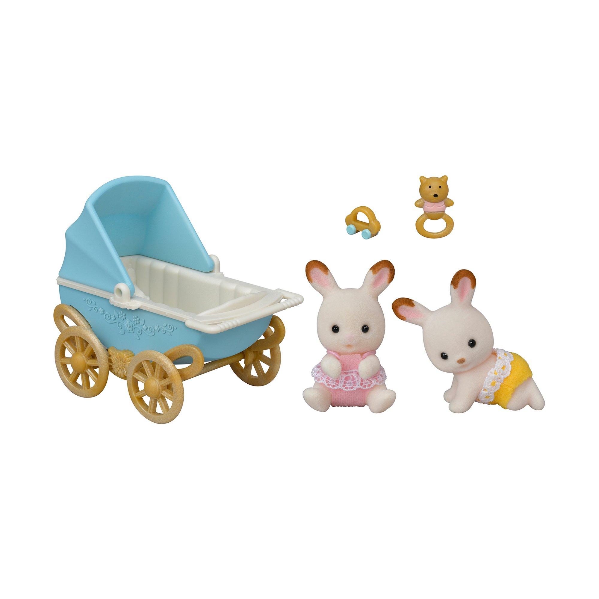 Sylvanian Families  Les jumeaux lapin chocolat et poussette double 