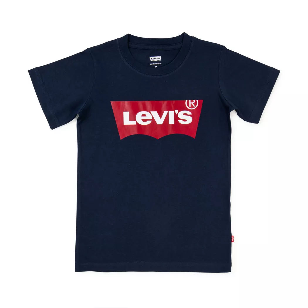 T-Shirt LEVI'S KIDS "LVB BATWING TEE", Jungen, Gr. 16/176, blau (marine), Single Jersey, Obermaterial: 100% Baumwolle, bedruckt, Basic schmal hüftlang, Rundhals, gerader Abschluss, Shirts T-Shirt, for BOYS
