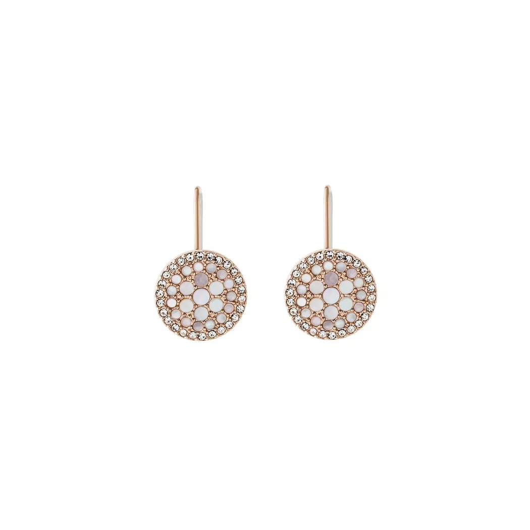 Paar Ohrhaken FOSSIL "Schmuck Edelstahl Ohrringe Disc Drop Vintage Glitz", rosa (roségoldfarben, edelstahlfarben, perlmuttfarben, kristallweiß, kristallweiß), Ohrringe, Damen, Edelstahl, mit Glasstein - mit Perlmutt