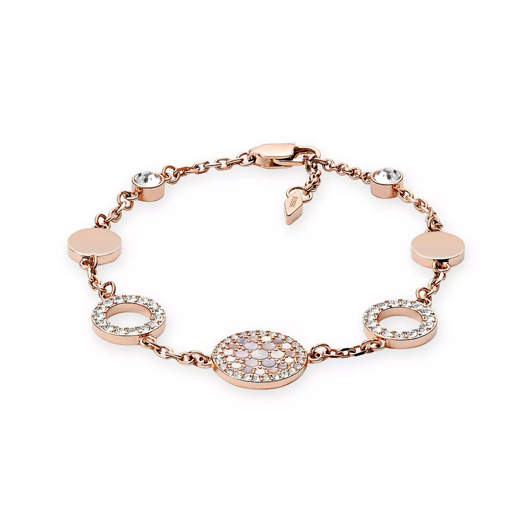 Armband FOSSIL "Schmuck Geschenk Edelstahl Pearl Disc Station", rosa (roségoldfarben, perlmuttfarben, kristallweiß, kristallweiß), Armbänder, Damen, 19cm, Edelstahl, Armband, mit Glasstein, mit Perlmutt