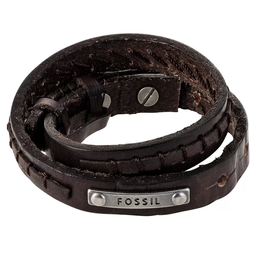 Wickelarmband FOSSIL "Schmuck Geschenk Edelstahl Leder Armschmuck", braun (edelstahlfarben, dunkelbraun), Armbänder, Damen, 48cm, Edelstahl Leder, Edelstahl, Leder, Wickelarmband