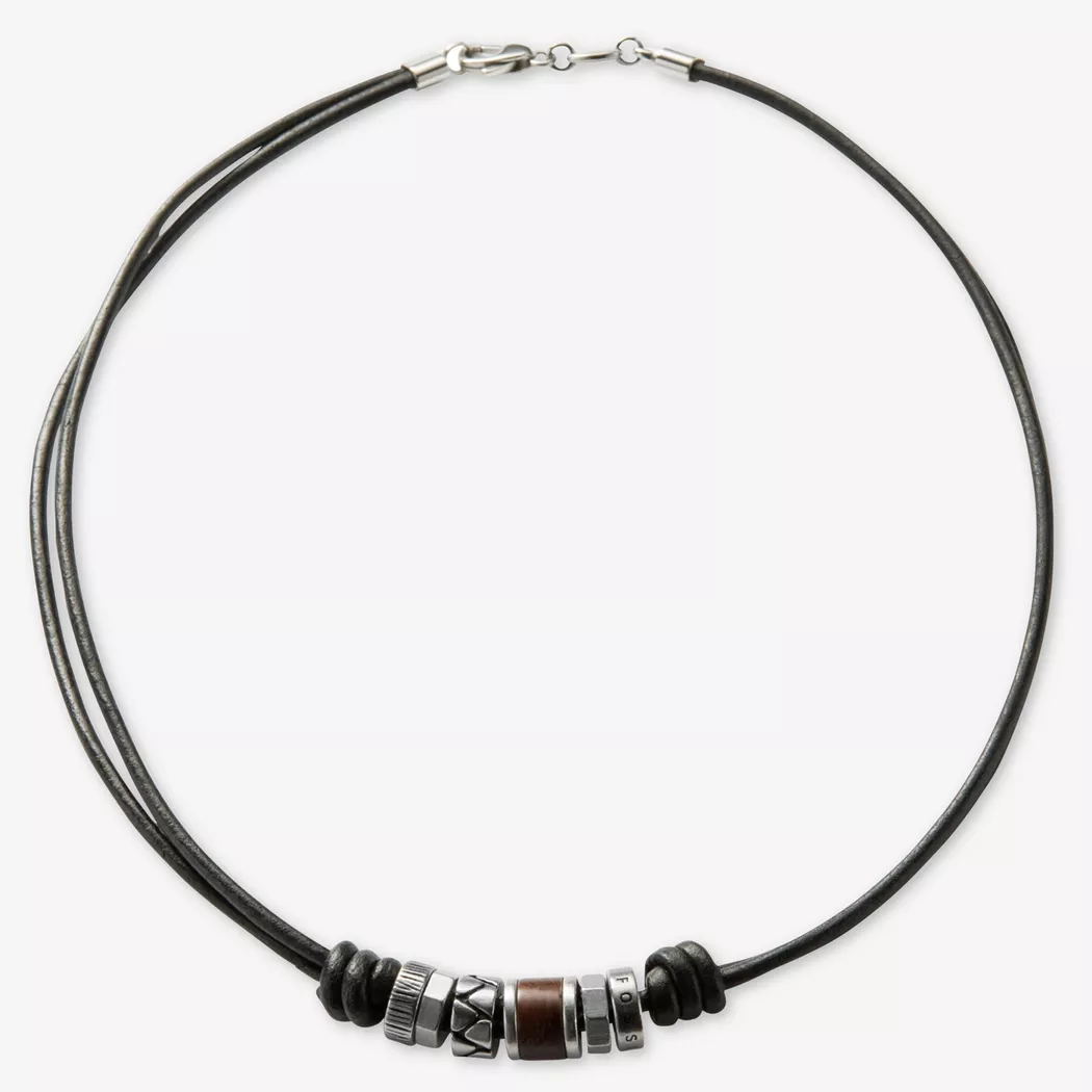Kette mit Anhänger FOSSIL "Schmuck Geschenk Edelstahl Leder Halsschmuck", bunt (silberfarben, schwarz, braun), Halsketten, Herren, Edelstahl Holz Leder, L: 50, Edelstahl, Holz, Leder