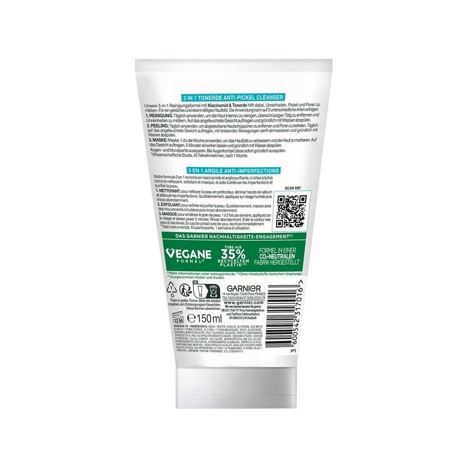 GARNIER Reinigung Skin Naturals Pure 3in1 Lavare il Gel + Peeling + Maschera 