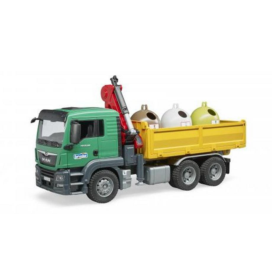 bruder  MAN TGS Kran LKW mit 3 Altglascontainern und Flaschen 