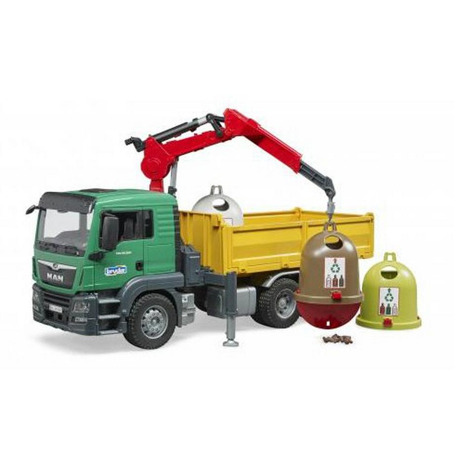 bruder  MAN TGS Kran LKW mit 3 Altglascontainern und Flaschen 