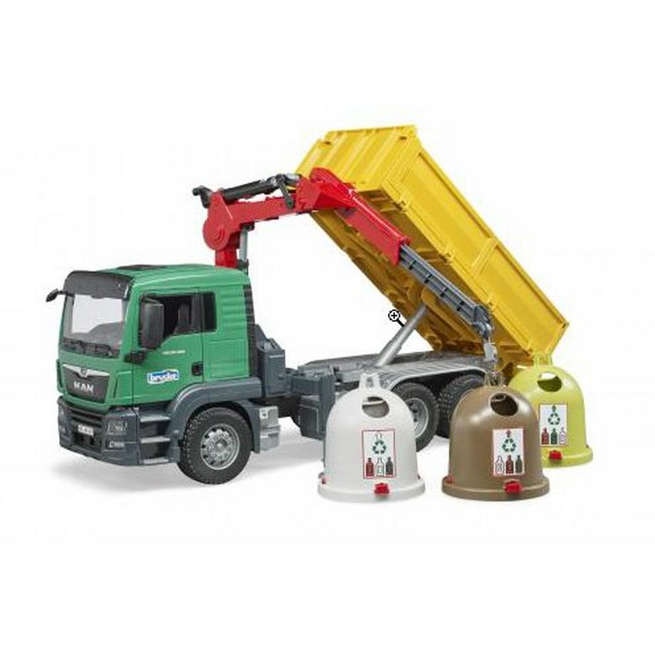 bruder  MAN TGS Kran LKW mit 3 Altglascontainern und Flaschen 