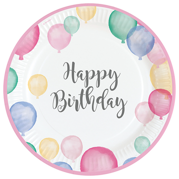 8 piatti di cartone 23 cm happy birthday pastel