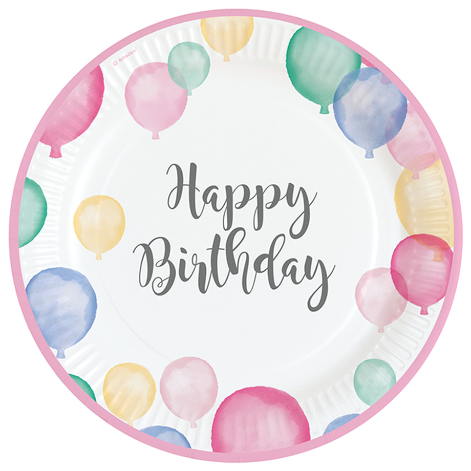 8 assiettes de carton 23 cm happy birthday pastel