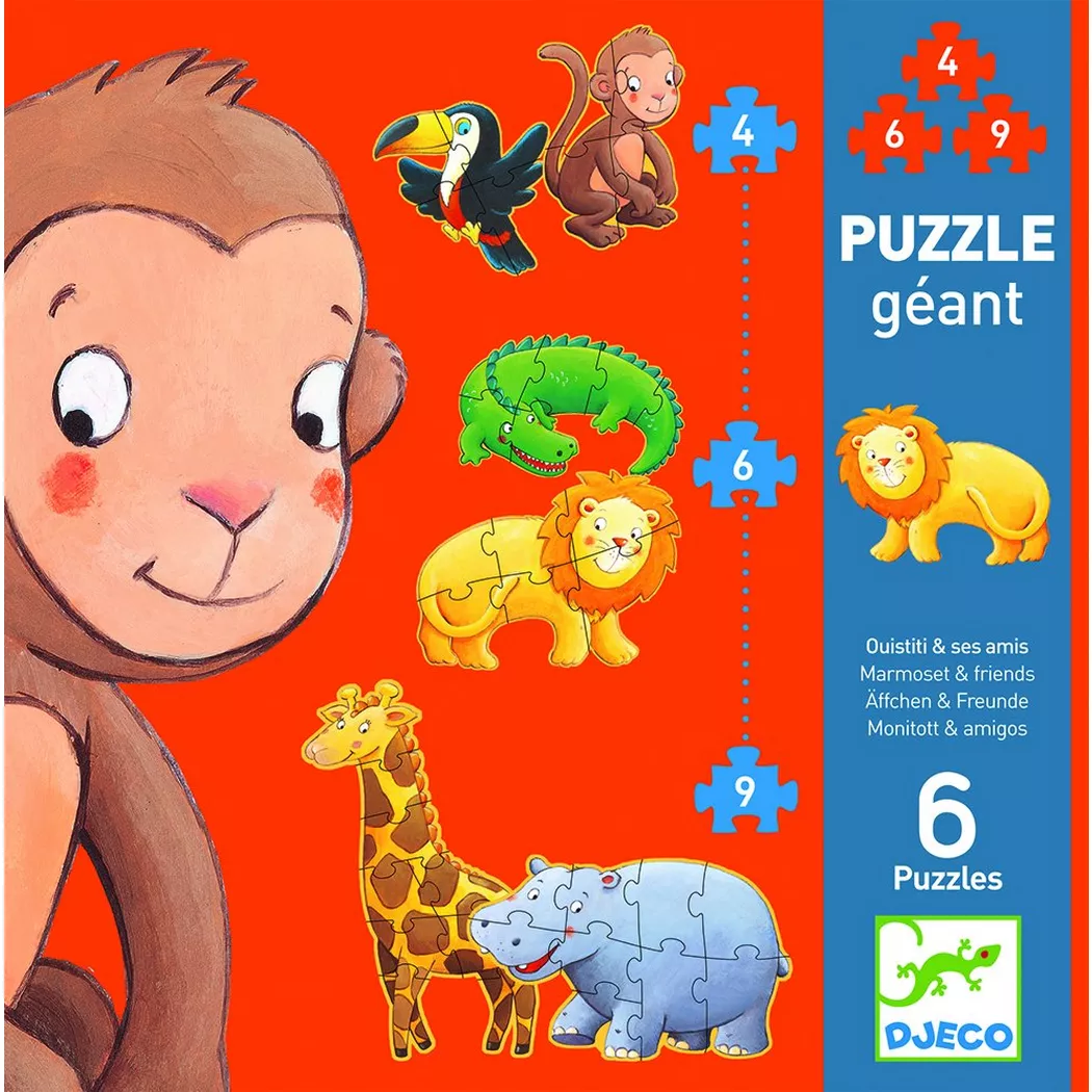 Djeco - Riesenpuzzle Marmoset und Freunde 4/6/9 Teile, Multicolor