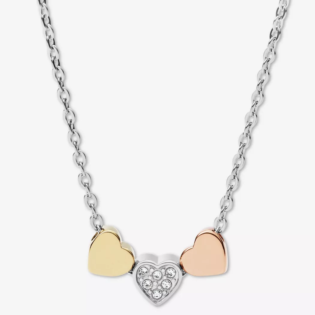 Herzkette FOSSIL "Schmuck Geschenk Edelstahl Halskette VINTAGE MOTFIS", gold (silberfarben, goldfarben, roségoldfarben, kristallweiß), Halsketten, Damen, Edelstahl, L: 46,5, Herzkette, mit Glasstein