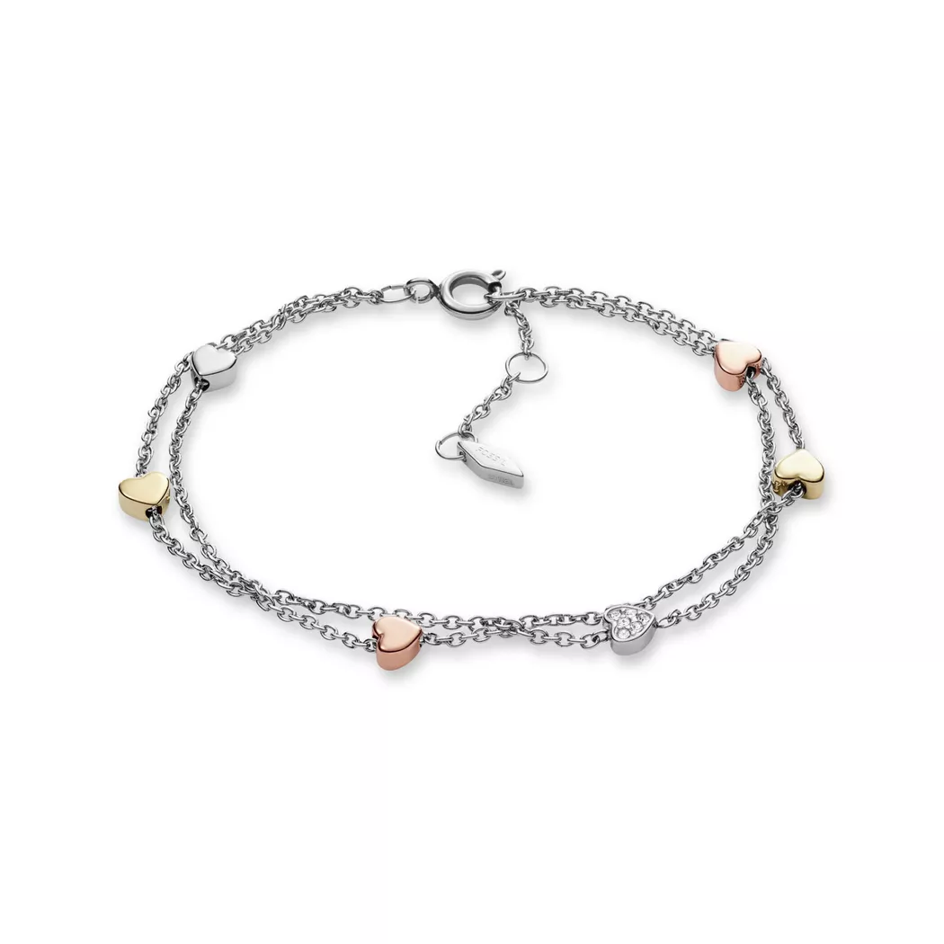 Edelstahlarmband FOSSIL "Schmuck Geschenk Edelstahl VINTAGE MOTIFS Herzen", rosa (silberfarben, goldfarben, roségoldfarben, kristallweiß), Armbänder, Damen, 19cm, Edelstahl, Edelstahlarmband, mit Glasstein