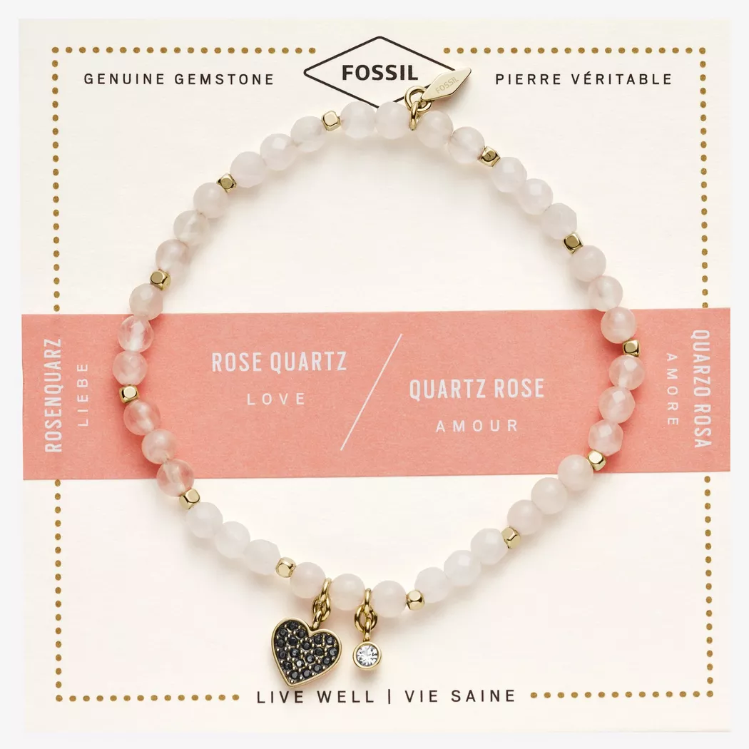Armband FOSSIL "Schmuck Geschenk Metall Armkette VINTAGE MOTIFS Herz", bunt (goldfarben, schwarz, rosa, weiß, schwarz, rosa), Armbänder, Damen, 16,5cm, Metall, Armband, mit Rosenquarz und Glasstein
