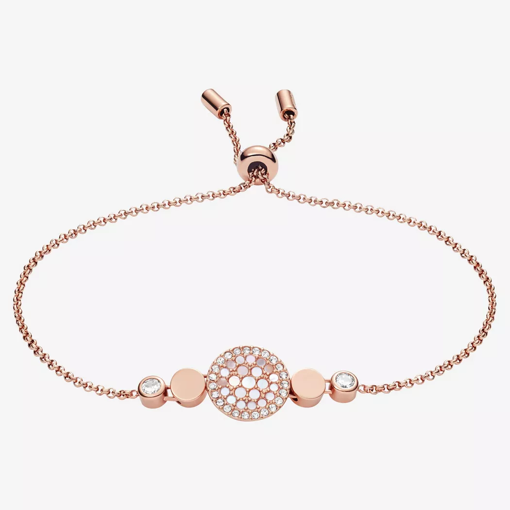 Edelstahlarmband FOSSIL "Schmuck Geschenk Edelstahl VAL MOSAIC DISC Vintage Glitz", rosa (roségoldfarben, rosa, kristallweiß, kristallweiß), Armbänder, Damen, 21,5cm, Edelstahl, Edelstahlarmband, mit Glasstein, mit Perlmutt
