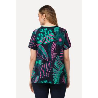 Ulla Popken  T-shirt dal taglio svasato con palme, scollatura a V e mezze maniche 