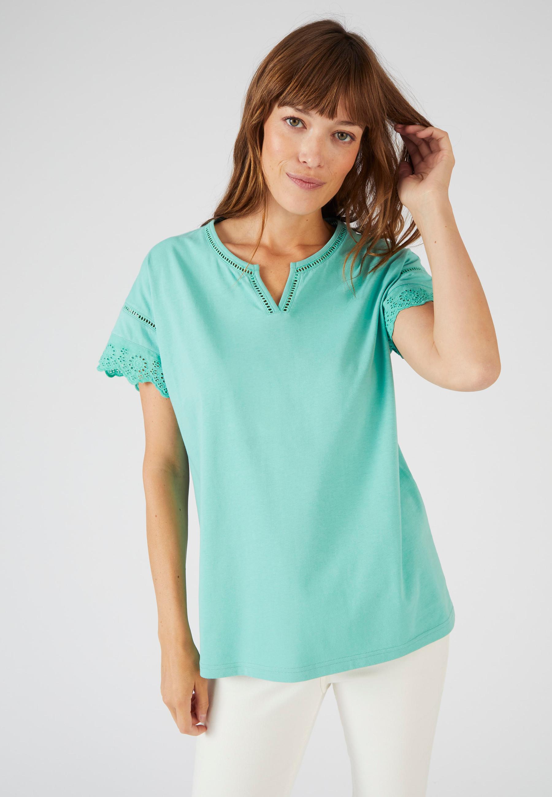 Image of T-shirt Aus Reiner Biobaumwolle, Mit Lochstickerei. Damen Blau 34/36