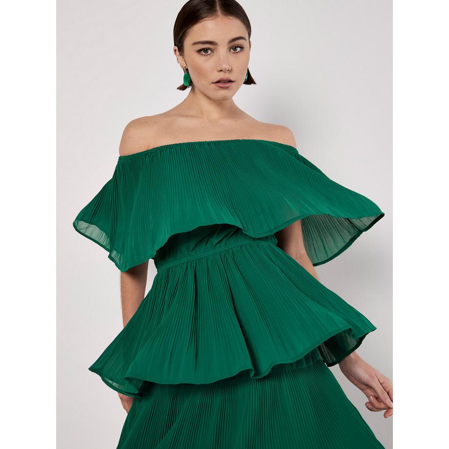 Mini-robe plissée à volants et col Bardot