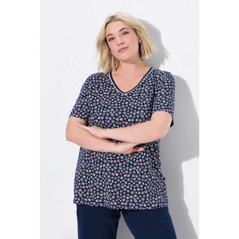 Ulla Popken Blüten V-Ausschnitt Halbarm Pyjamashirt  