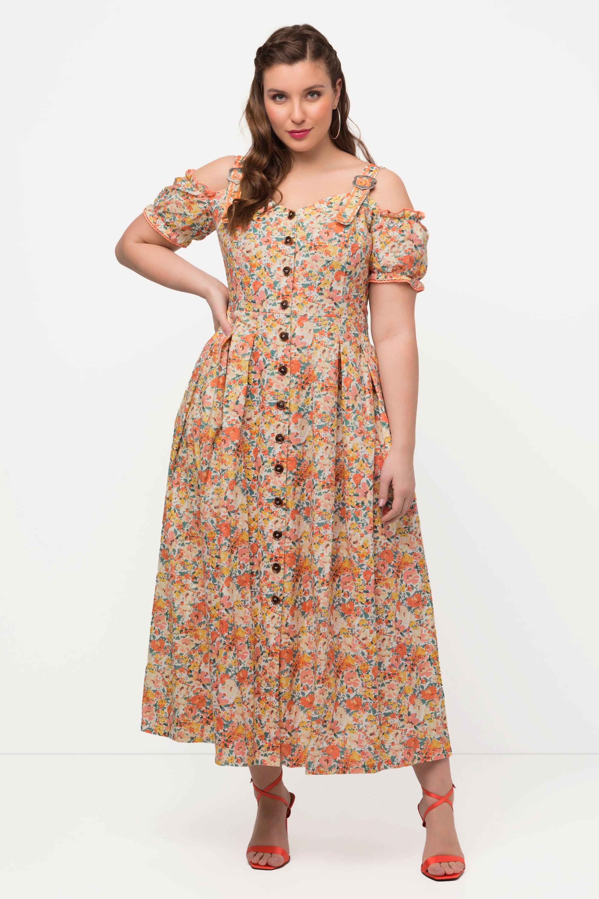 Ulla Popken  Robe en lin mélangé. Tenue traditionnelle bavaroise. Manches courtes et décolleté en forme de cœur. Imprimé floral. 