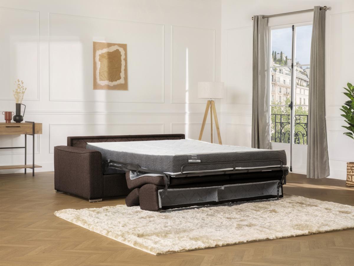 Vente-unique Canapé 4 places convertible express en tissu marron - couchage lattes larges 160 cm - Matelas 22 cm avec mémoire de forme VIZIR  