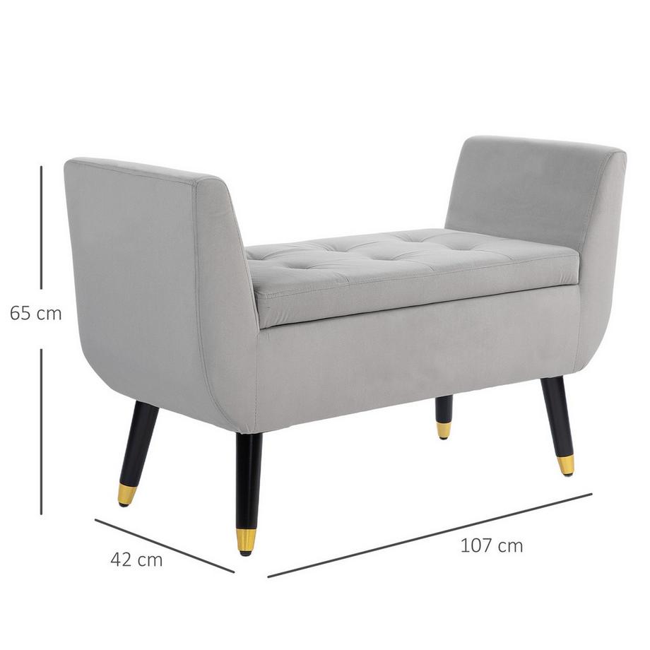 Northio Luxus Sitzbank Polsterbank mit Stauraum Armlehnen Truhenbank Samtartiges Polyester Gummiholz Hellgrau 107 x 42 x 65 cm  