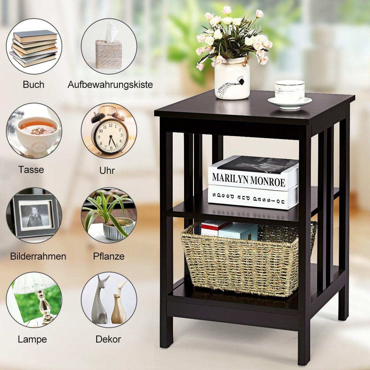 Northix 3 Ebene II-förmig Nachttisch Beistelltisch mit Regal & Stauraum 40 x 40 x 61 cm Kaffee  
