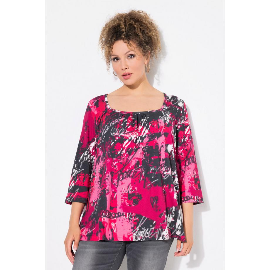Ulla Popken Shirt A-Linie Zierfalten Carree-Ausschnitt 3/4-Arm  