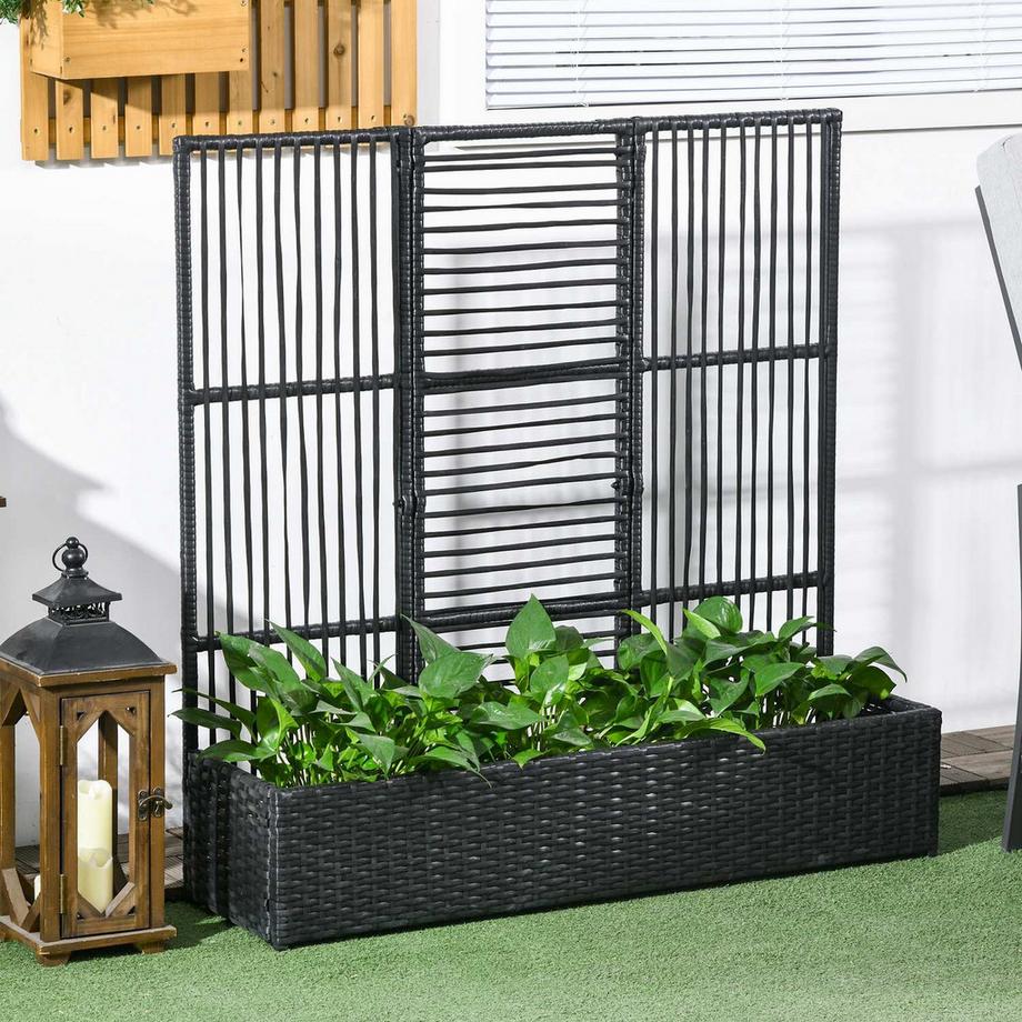 Northio Polyrattan Hochbeet Mit Rankgitter, Blumenkasten, Pflanzenkasten, Blumenbeet, Für Garten, Balkon, Schwarz, 103 X 103 X 29 Cm  