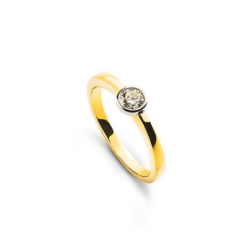 Bague solitaire lunette sertie d'or jaune 750, diamants 0,10ct. or blanc 750