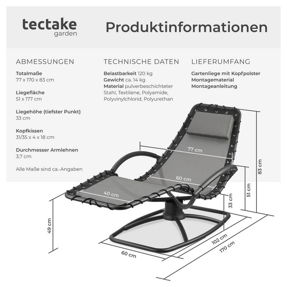 Tectake Gartenliege Toulon ergonomisch, mit Komfort-Schwingbewegung bequeme Armlehnen mit Schaumstoffpolsterung eine Liege  