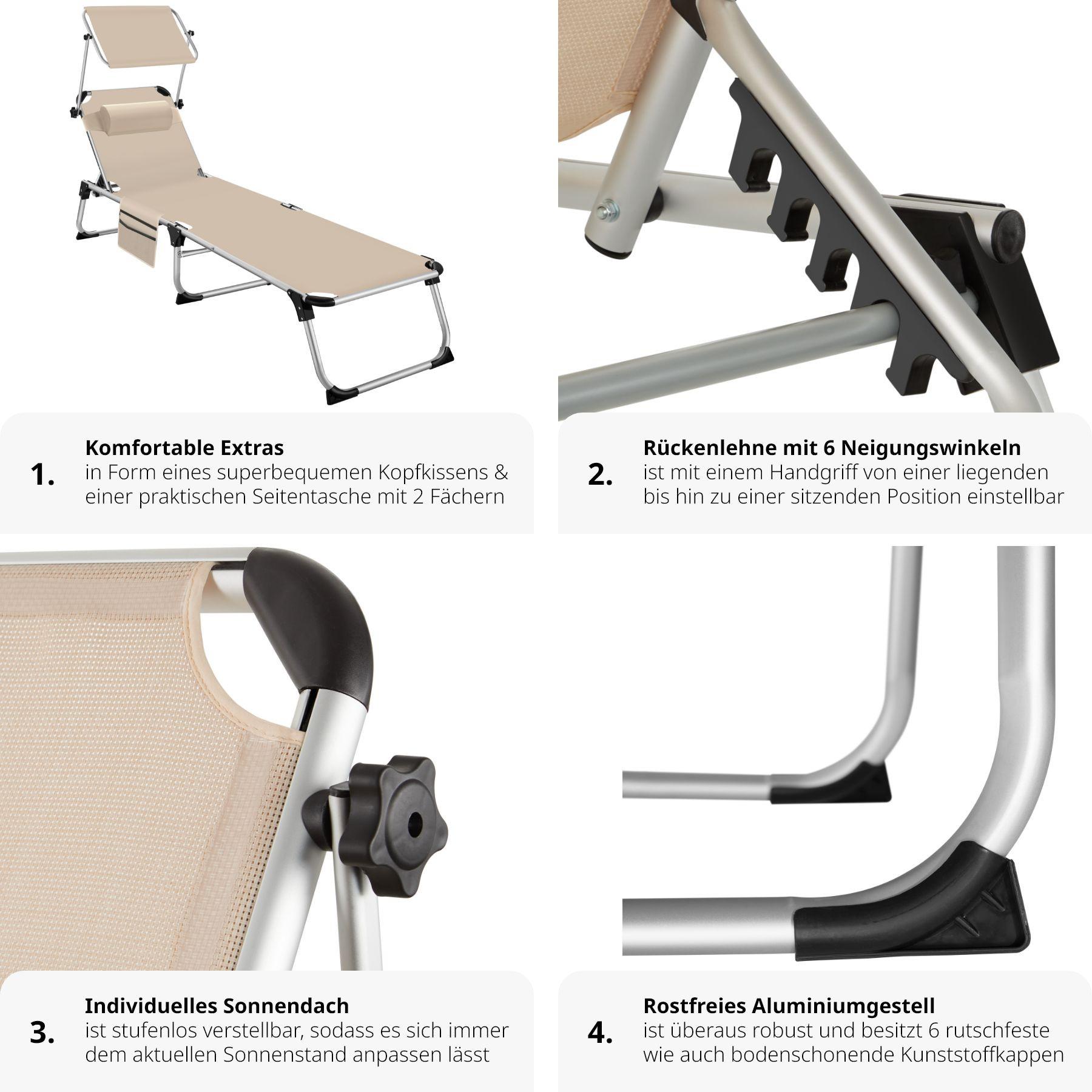 Tectake Sonnenliege mit Aluminiumgestell, stufenlos verstellbares Sonnendach  