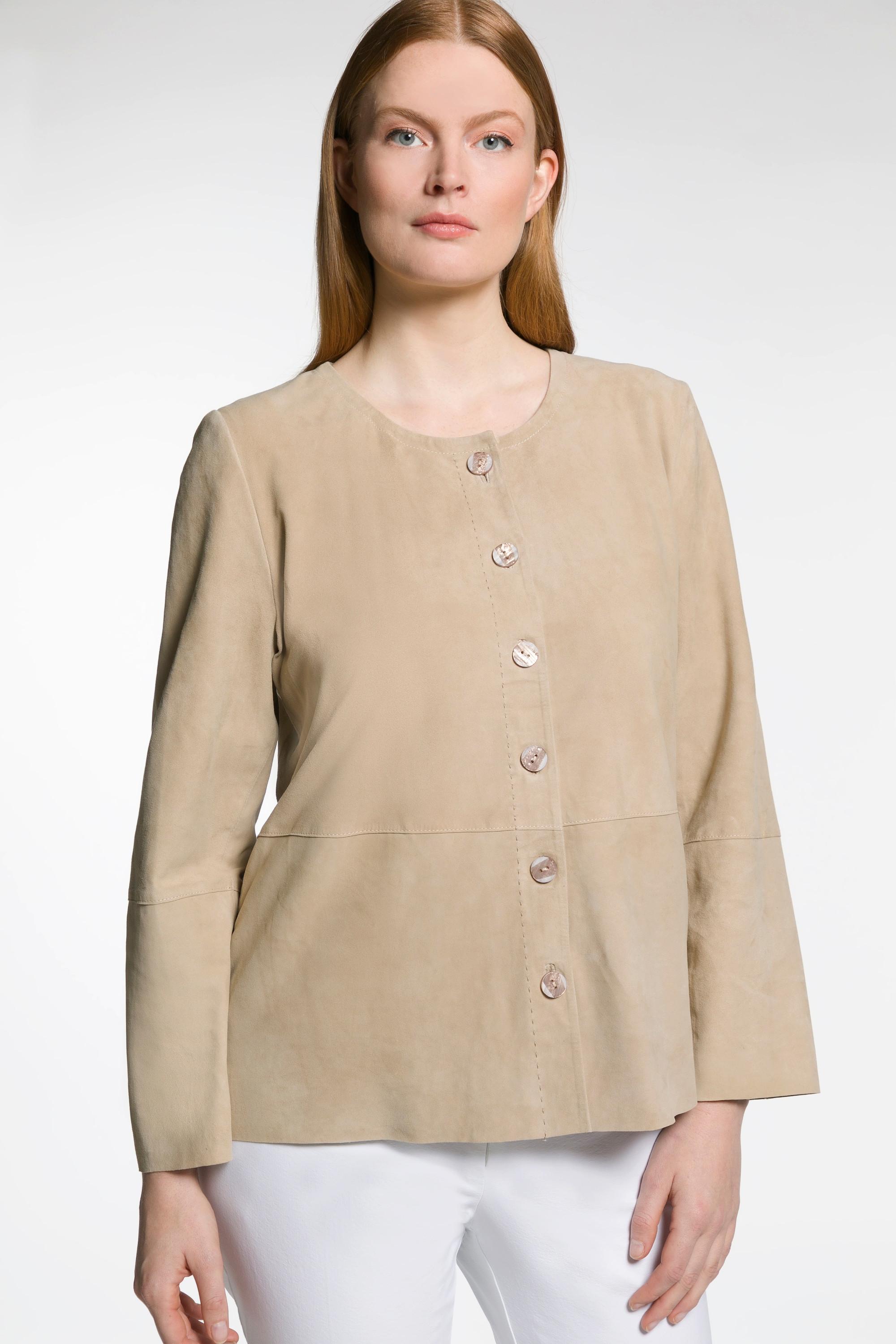 Ulla Popken  Camicia di pelle scamosciata con cuciture decorative, scollo a girocollo e maniche lunghe 