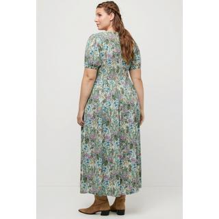 Ulla Popken  Midikleid, Blüten, Leinenmix, Rundhals, Puff-Halbarm 