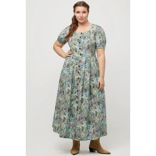 Ulla Popken  Midikleid, Blüten, Leinenmix, Rundhals, Puff-Halbarm 