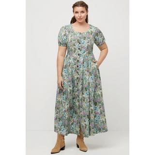 Ulla Popken  Midikleid, Blüten, Leinenmix, Rundhals, Puff-Halbarm 