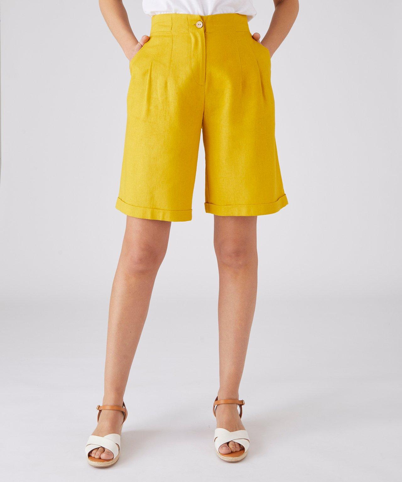 Image of Bermuda Mit Bundfalten, Aus Leinenmix. Damen Gelb 48