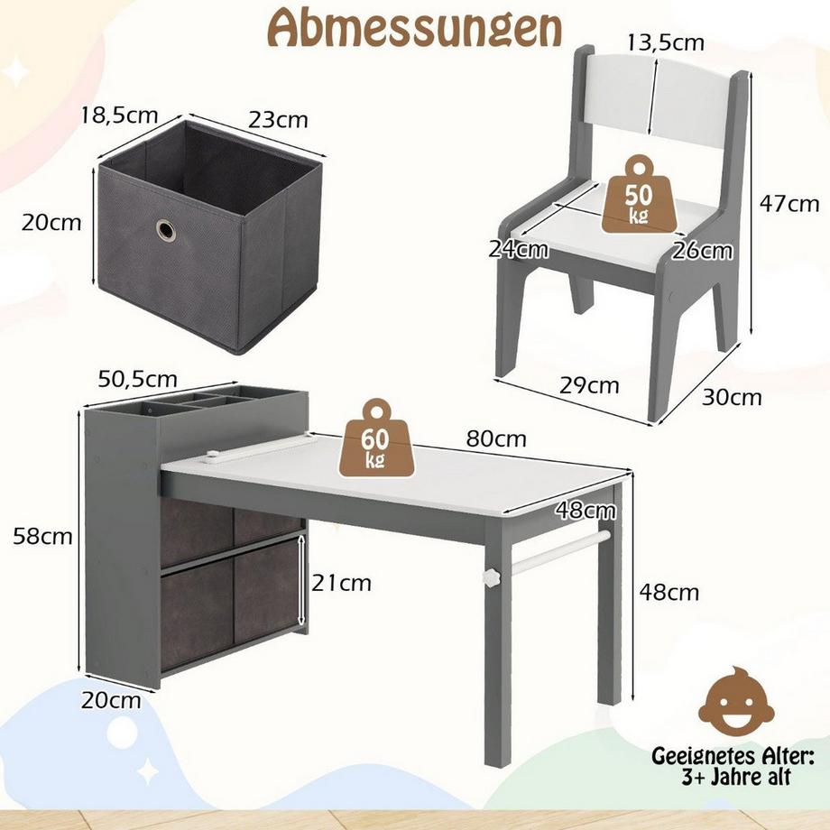 Northix  Set da disegno con tavolo e sedie per bambini. Tavolo da disegno con 2 sedie, rotolo di carta e portarotolo. Grigio. 