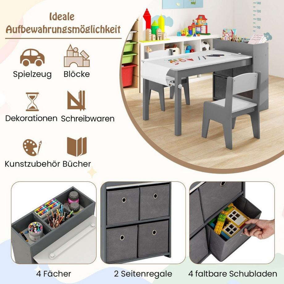 Northix  Set da disegno con tavolo e sedie per bambini. Tavolo da disegno con 2 sedie, rotolo di carta e portarotolo. Grigio. 