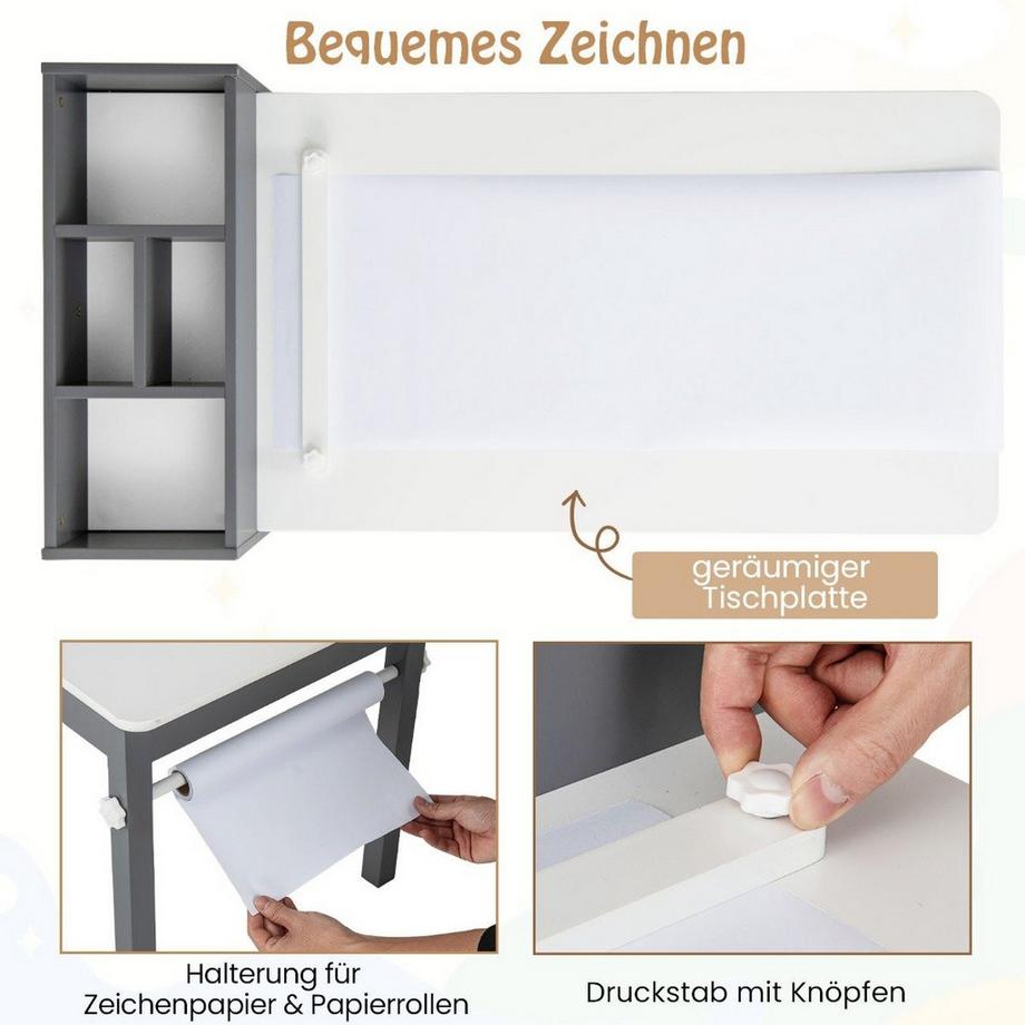 Northix  Set da disegno con tavolo e sedie per bambini. Tavolo da disegno con 2 sedie, rotolo di carta e portarotolo. Grigio. 