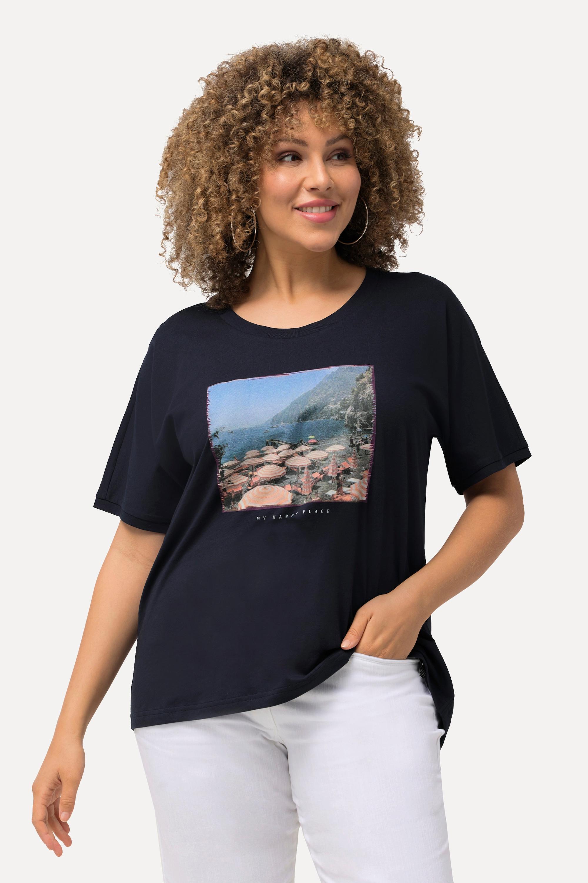 Ulla Popken  T-shirt oversize, imprimé plage, col rond et manches courtes 