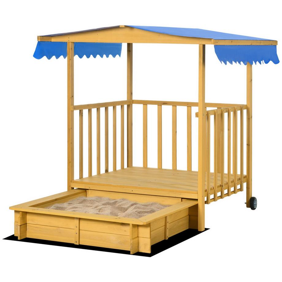 Sabbiera Soleggiata Con Tetto, Sabbiera In Legno Con Casetta, Ruote, Per 3-8 Anni, 133X129X137,5 Cm, Giardino, Naturale