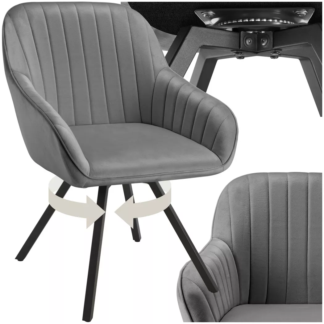 Tectake - Chaise pivotante à 360° avec accoudoirs en velours rembourrée gris