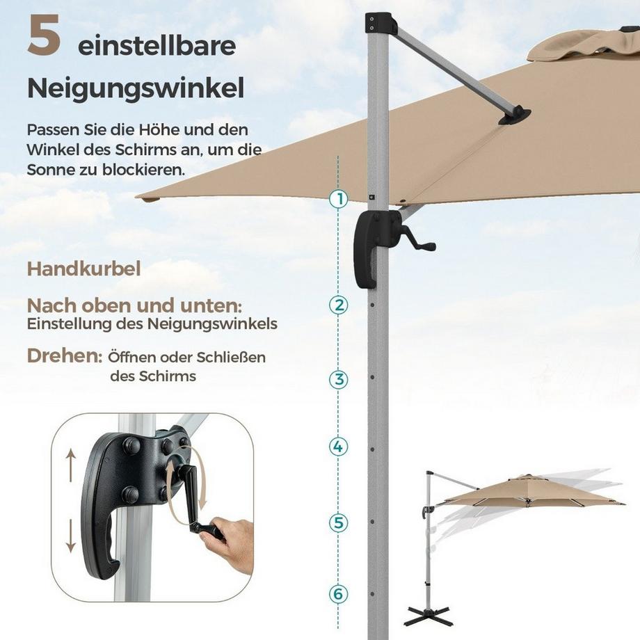 Northio Ombrellone Ø 330 cm con manovella & UPF 50+ e Ombrellone da giardino a sbalzo girevole a 360° beige  