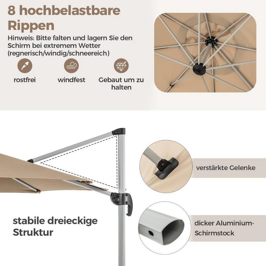 Northio Ombrellone Ø 330 cm con manovella & UPF 50+ e Ombrellone da giardino a sbalzo girevole a 360° beige  