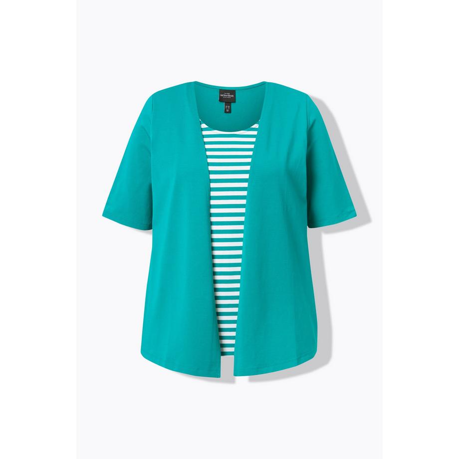 Ulla Popken T-shirt 2 en 1 Rayé Col Rond Manches Courtes  