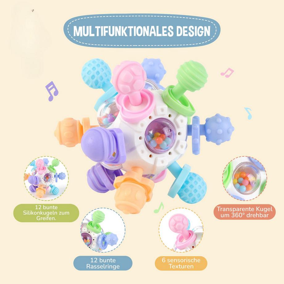 Activity-board  Babyspielzeug - Sensorisches Beißspielzeug - Beißring aus Silikon - Babyrassel - Lernspielzeug mit Ball 