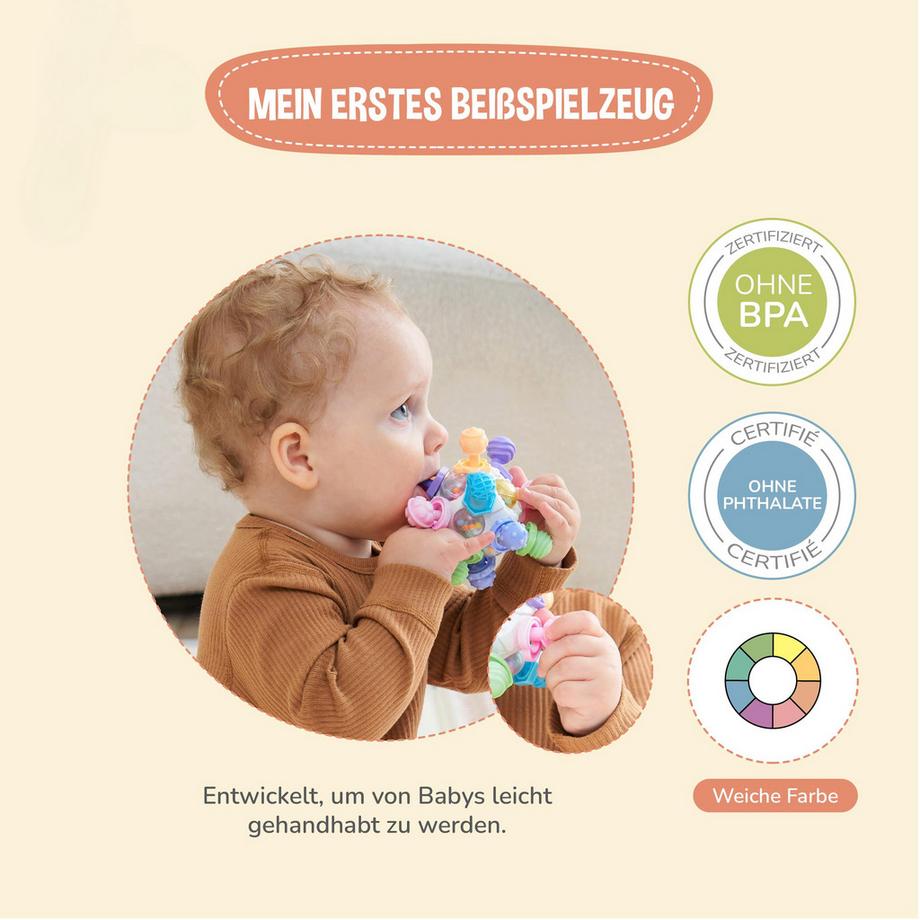 Activity-board  Babyspielzeug - Sensorisches Beißspielzeug - Beißring aus Silikon - Babyrassel - Lernspielzeug mit Ball 