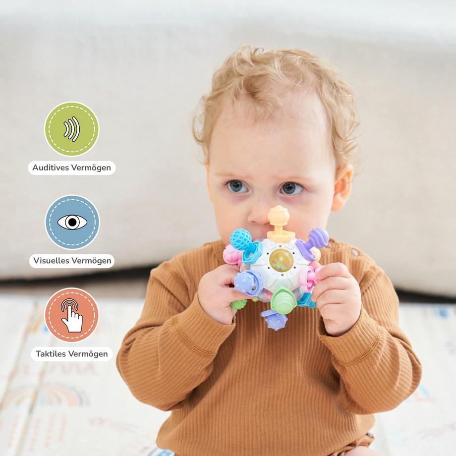 Activity-board  Babyspielzeug - Sensorisches Beißspielzeug - Beißring aus Silikon - Babyrassel - Lernspielzeug mit Ball 