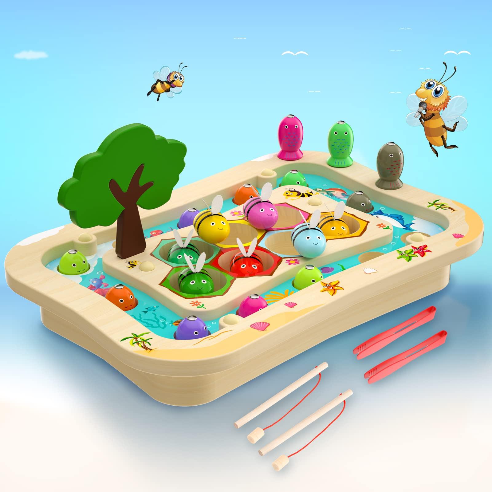 Activity-board  Jeu de pêche en bois, 2 en 1, jouet magnétique en bois pour enfants Jouet éducatif 